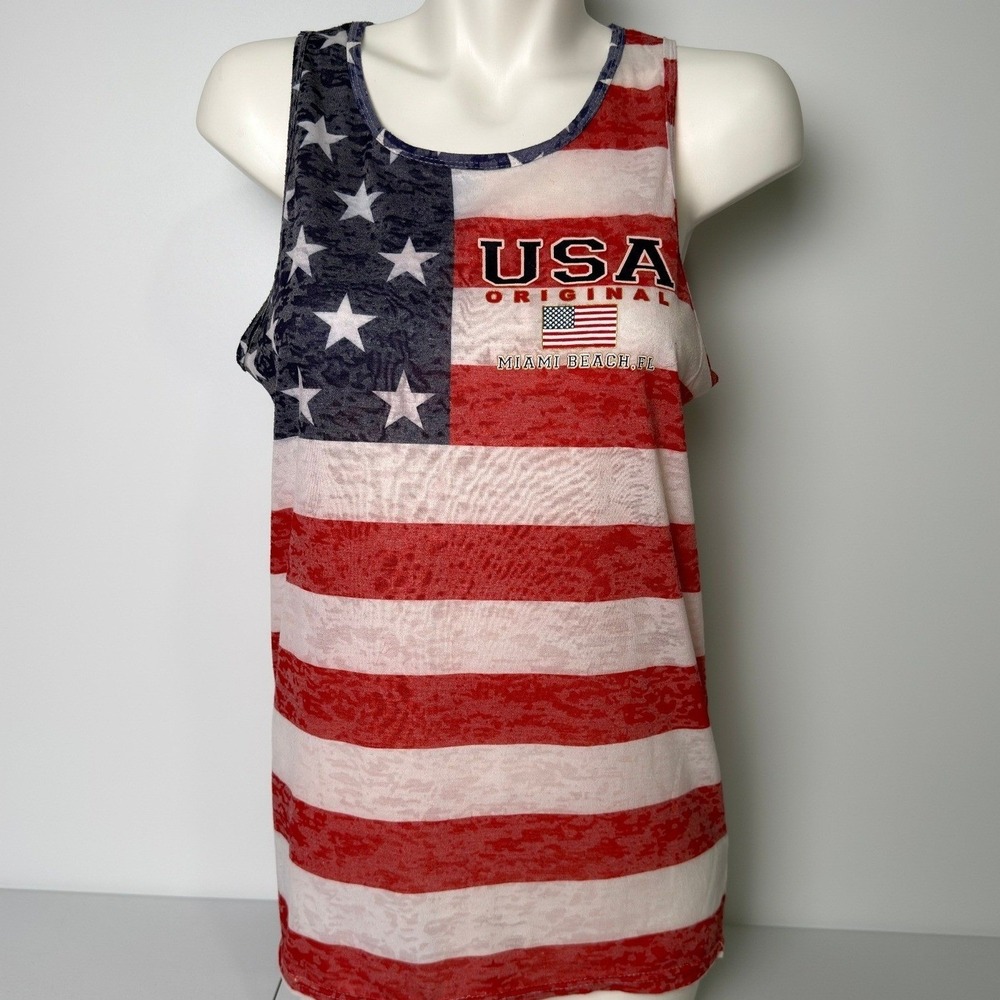 U.S. Vintage USA Original Miami Beach FL American Flag Burnout Tank Top M